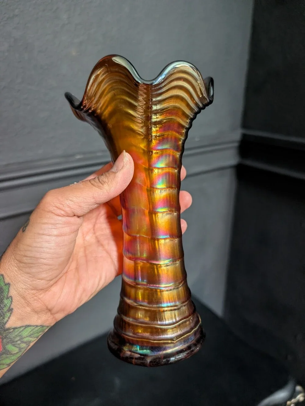 Rare Vintage Carnival Ripple Glass Marigold/Orange iridescent Imperial Vase Deco